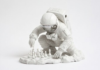 Aufkleber - A white figurine of an astronaut playing chess on a lunar surface.