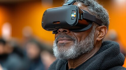 Poster - An elderly man experiences virtual reality technology at a demonstration event indoors