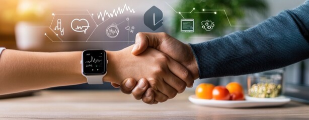 Poster - A handshake over a table with a smartwatch, symbolizing health and technology integration.