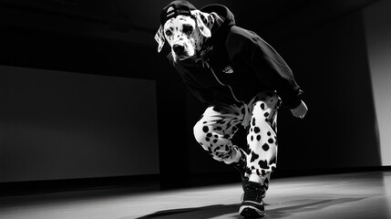 Leinwandbilder - A person in a Dalmatian mask and patterned pants poses dynamically in a monochrome setting.