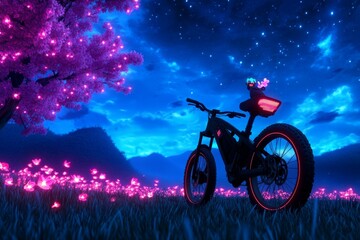 Poster - A pixel art bicycle with a flower basket, animated with glowing petals and a small waving character riding it through a scenic pixelated field