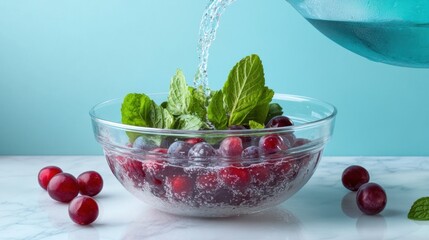 Poster - A glass bowl filled with grapes and mint, being poured with sparkling water.