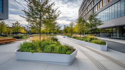 Poster - Modern outdoor space featuring landscaped planters and trees in an urban setting.