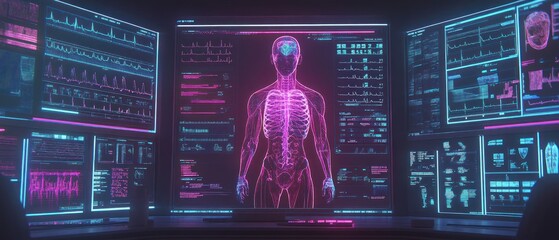 Poster - Futuristic display of human anatomy and health data in a high-tech environment.
