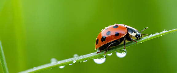 Wall Mural - Ladybug resting on a water-drenched green leaf.