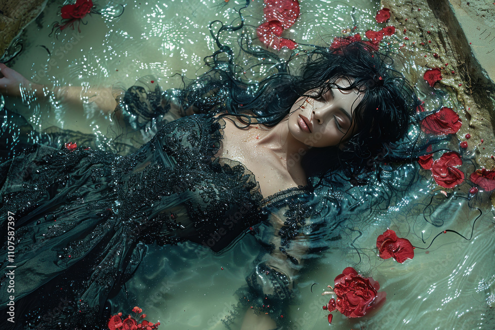 girl in a black lace dress lying in the water with her eyes closed. Her ...