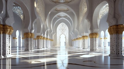 Poster - Interior of a mosque with white walls and golden pillars, with a view of the outside through a large archway.