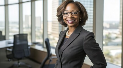 Poster - A professional woman in business attire smiles confidently in a modern office setting.