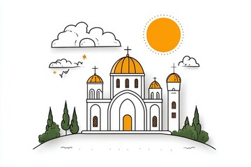 Poster - A simple icon of a Byzantine dome, drawn in bold lines with gold accents on a white background