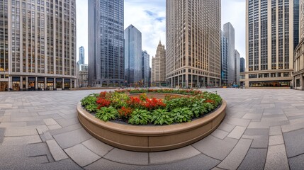 Poster - Urban plaza surrounded by skyscrapers, featuring a circular flower bed and paved walkway.