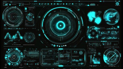 Poster - Futuristic digital interface displaying various data and analytics in a sleek design.