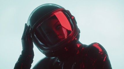 Aufkleber - A close-up of a person in a futuristic red-tinted astronaut helmet.