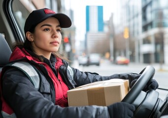 Poster - A delivery driver focused on navigating the city while holding a package.