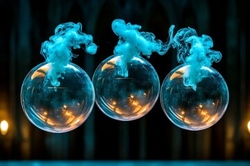 Poster - Dark, shadowy bubbles filled with smoke and glowing faintly, floating in a dimly lit gothic hall