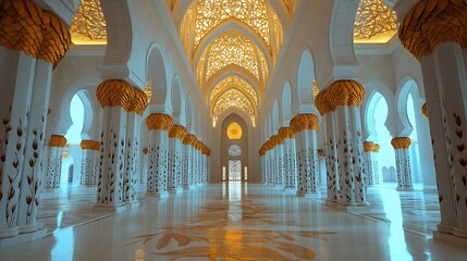 Poster - Interior view of a grand mosque with white marble columns and intricate gold decorations.