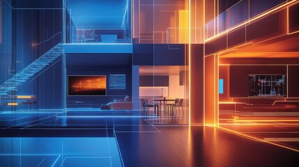 Poster - A futuristic interior showcasing vibrant blue and orange lighting with modern design elements.