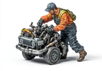 Poster - A mechanic working on a detailed engine, showcasing repair skills and automotive expertise.