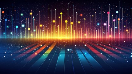 Poster - A pattern of sound waves with vibrant lights and abstract dots on a dark background, highlighting the significance of music and sound.
