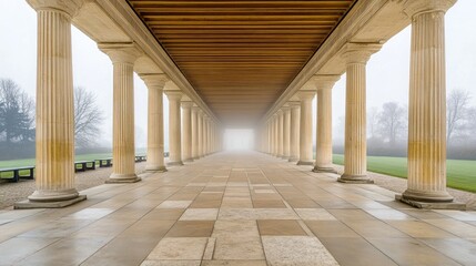 Poster - A misty corridor lined with columns, leading to a foggy expanse.