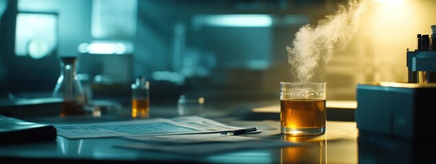 Leinwandbilder - A steaming drink sits on a lab table surrounded by scientific equipment and papers.