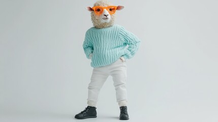 Poster - A child wearing a sheep mask and stylish clothing poses confidently.