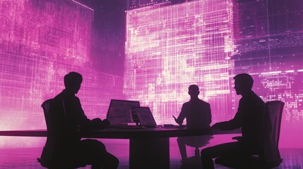 Aufkleber - Silhouetted figures in a tech-focused meeting, surrounded by digital data displays.