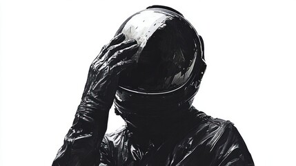 Poster - A figure in a glossy black astronaut suit, hand on helmet, against a stark white background.