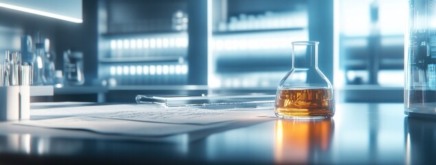 Leinwandbilder - A laboratory scene featuring a flask with liquid, papers, and tools on a table.