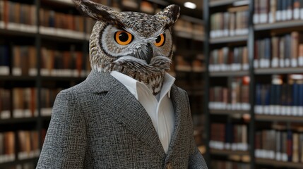 Poster - An owl in a suit stands in a library, blending academia with a whimsical twist.