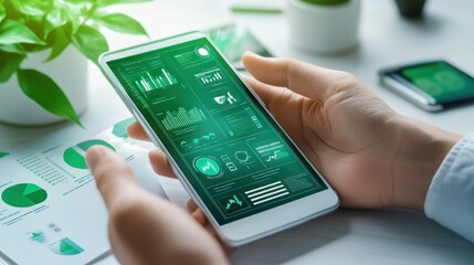 Poster - A hand holding a smartphone displaying green data analytics and graphs.