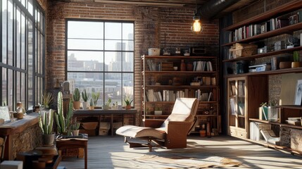 Aufkleber - Cozy industrial-style room with a reading chair, plants, and bookshelves.