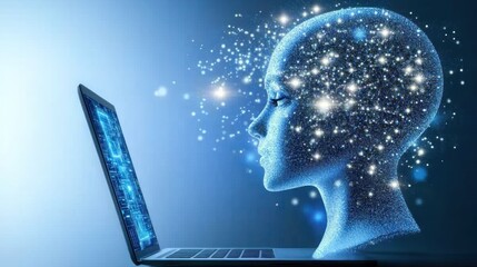Poster - A digital representation of a human head filled with stars, emerging from a laptop.