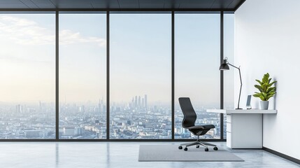Poster - Modern office space with a view, featuring a desk, chair, and plant.