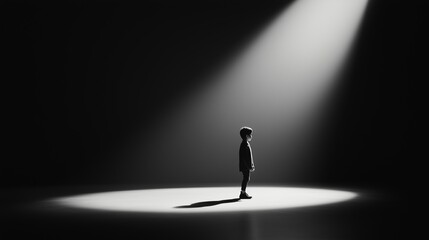 Poster - Child stands alone in spotlight under a dimly lit stage reflecting a moment of solitude and contemplation