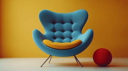 A vibrant orange 3D object with organic shapes takes center stage against a sky blue gradient backdrop, accompanied by a sprawling silver chrome abstract form. Enigmatic light blue objects linger in