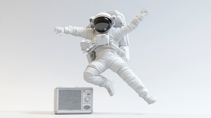 Aufkleber - An astronaut joyfully leaps beside a retro radio, blending space and nostalgia.