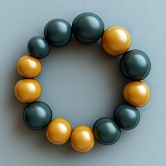 Poster - A 3D abstract geometric form, decorated with spheres of differing sizes. Cloned spheres individually cover a simple surface.