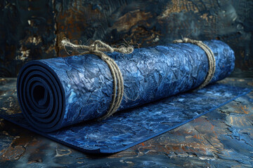Poster - rolled up rug in dark blue with a textured surface. The rug is tied with a rough rope made of natural material, creating a contrast with the smooth surface of the rug. 