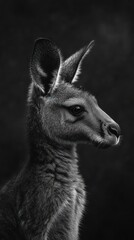 Poster - A black and white portrait of a kangaroo showcasing its features and expression.