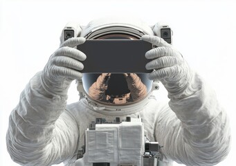Poster - An astronaut holds a smartphone, capturing a moment in space.
