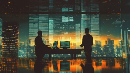 Aufkleber - Silhouetted figures in a modern office against a city skyline at sunset.