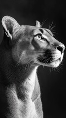 Poster - A close-up black and white portrait of a lioness, showcasing its majestic features.