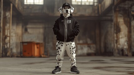 Poster - A child wearing a dog mask and casual attire stands confidently in an industrial setting.