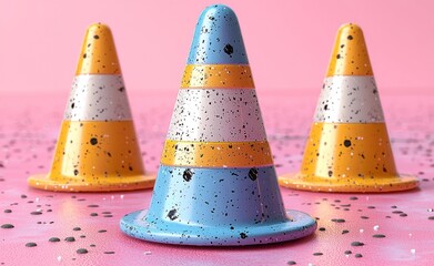 Aufkleber - The image presents a 3D render of an abstract background with cones and simple geometric shapes, using pastel colors, a basic mockup, and minimal design features.