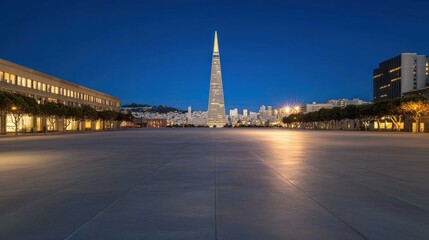 Poster - Night view of a plaza featuring a tall obelisk-like structure and surrounding buildings.