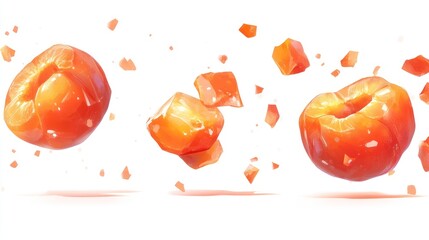 Poster - Three vibrant, floating orange fruits with fragmented pieces around them.