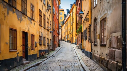 Wall Mural - A charming cobblestone street lined with colorful, weathered buildings in a historic urban setting.