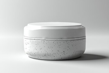 Poster - In a sci-fi white room with glowing neon round lamps, a sleek silver cylinder pedestal with a shiny finish is displayed, featuring a modern 3D rendering for a product presentation on a white