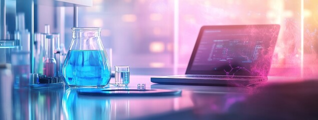 Leinwandbilder - A laboratory scene with a blue liquid in a flask and a laptop displaying data.