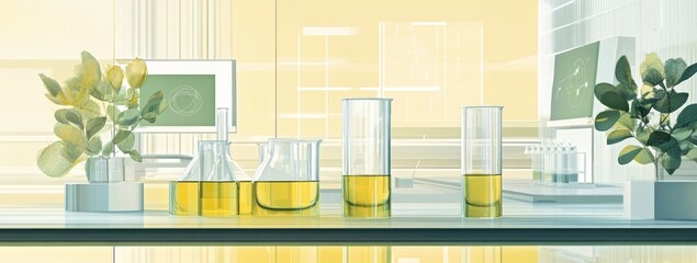 Aufkleber - Laboratory scene with glassware containing yellow liquids and plants, suggesting scientific research.